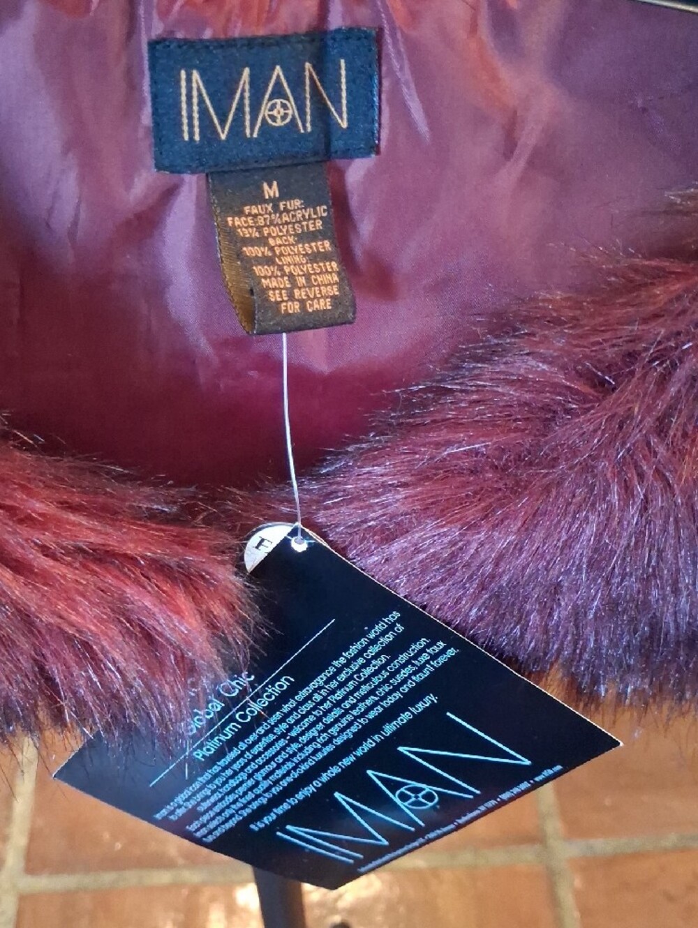 IMAN Women's Faux Fur Teddy Jacket Collar - Burgundy Plum - Picture 2 of 4